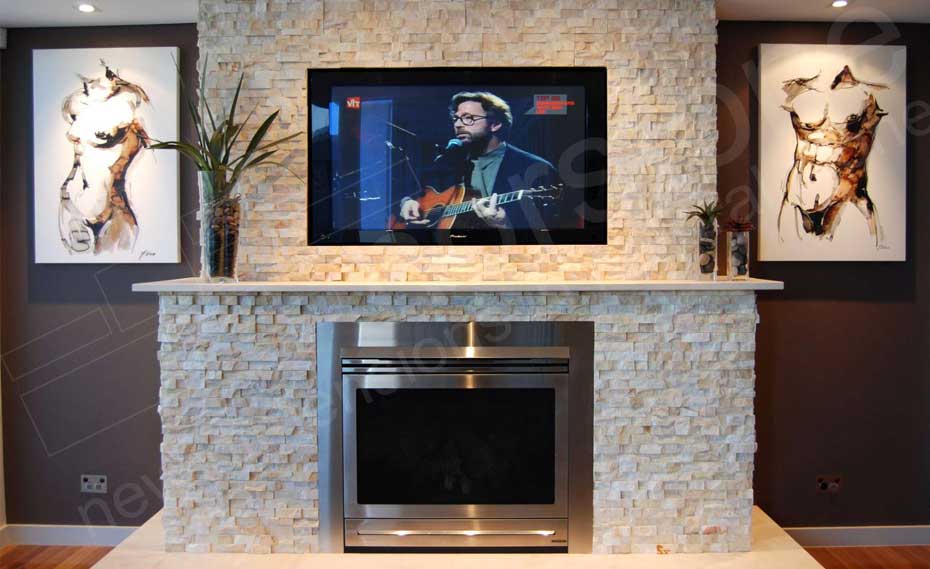 Ivory Rock Panels for Natural Stacked Stone Fireplace used in a living room on a fireplace